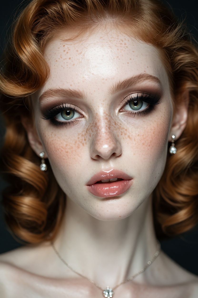 Studio quality close-up photograph. We see a striking and adorable 18 year old with pretty freckled cleavage,  covered upt...