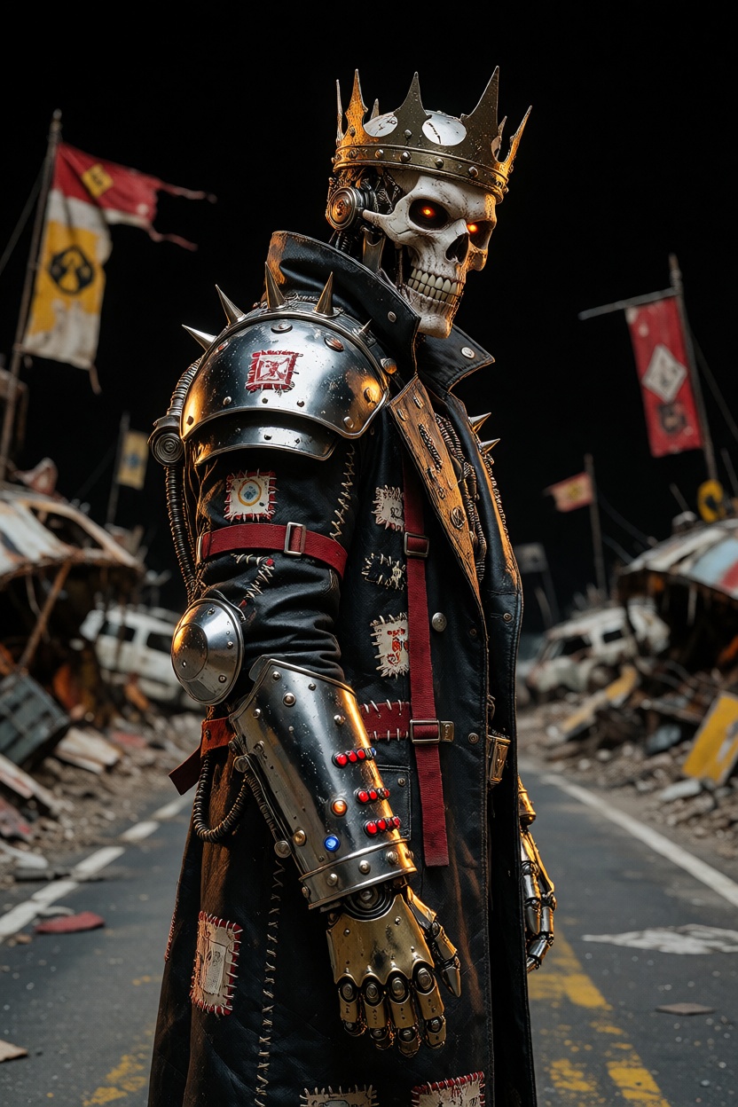a male scavenger king with a skull crown,  patched coat and gold mechanical prosthetic hand,  with black lacquer synthetic...
