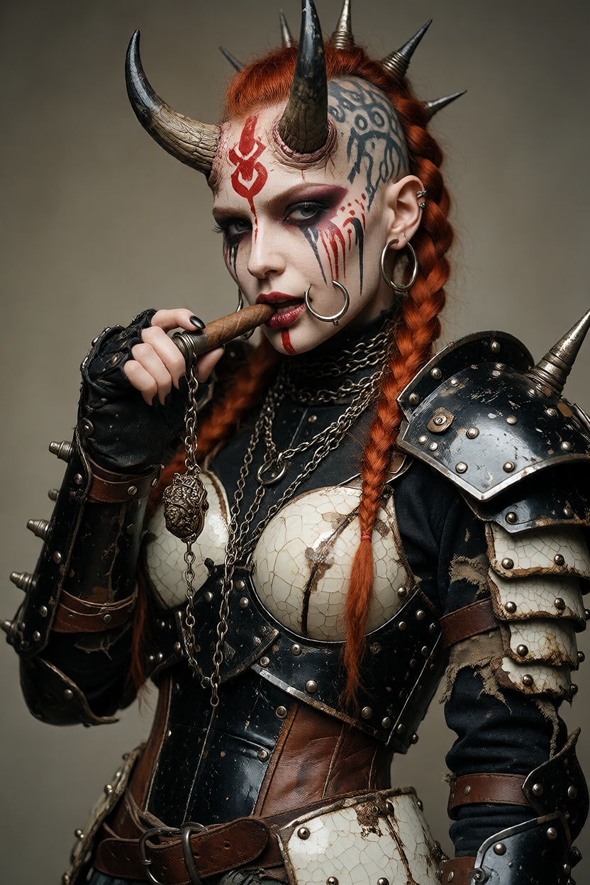 a female oni-punk warrior with curved horns,  scarlet braids,  steel jaw rings and black lacquer armor on Tensor.Art