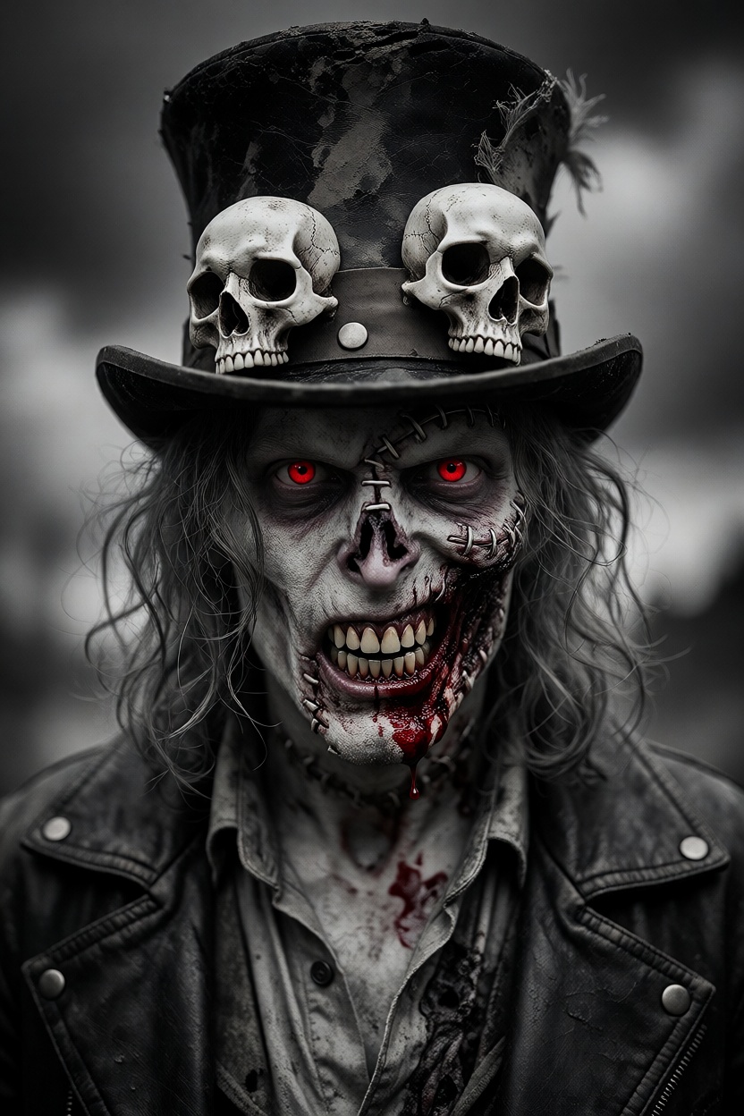 This is a highly detailed,  digital,  black-and-white photograph with selective color. The central subject is a male with...