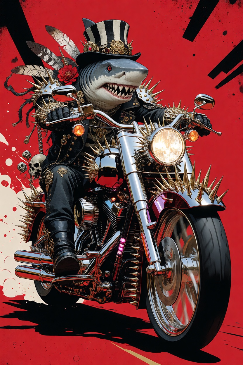 a shark-headed biker riding a brutally customized motorcycle with gold spike details,  with glossy chrome plating and refi...