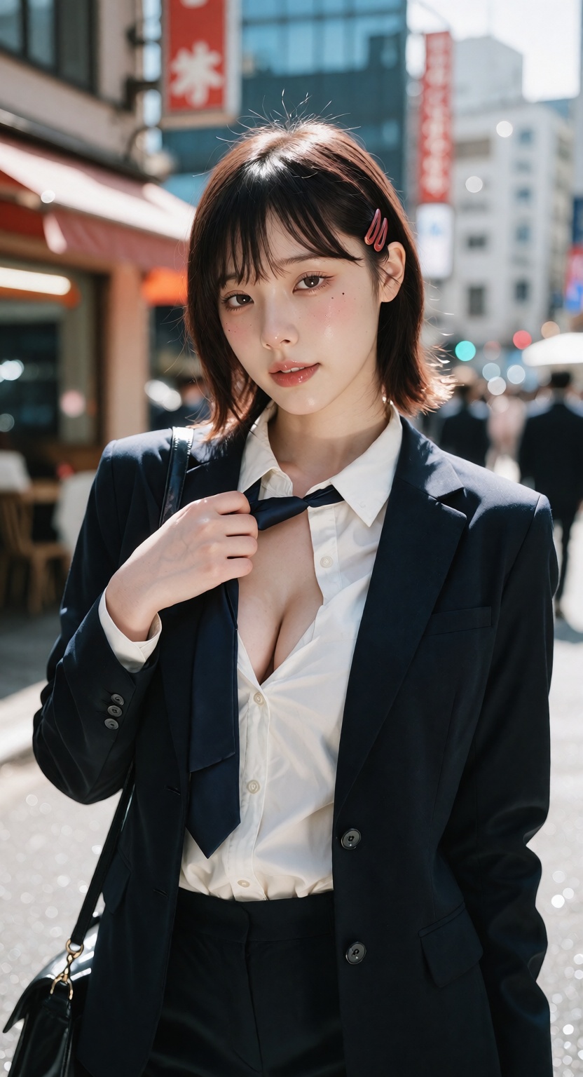 Photorealistic street portrait of Kobeni Higashiyama from Chainsaw Man,  a young East Asian woman with fair white skin and...