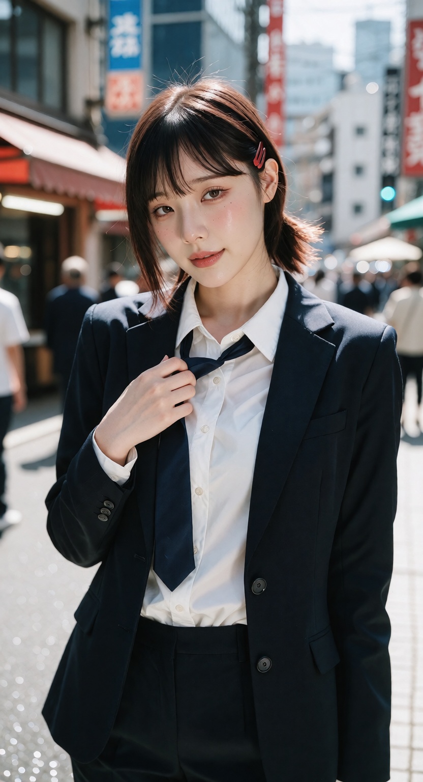 Photorealistic street portrait of Kobeni Higashiyama from Chainsaw Man,  a young East Asian woman with fair white skin and...
