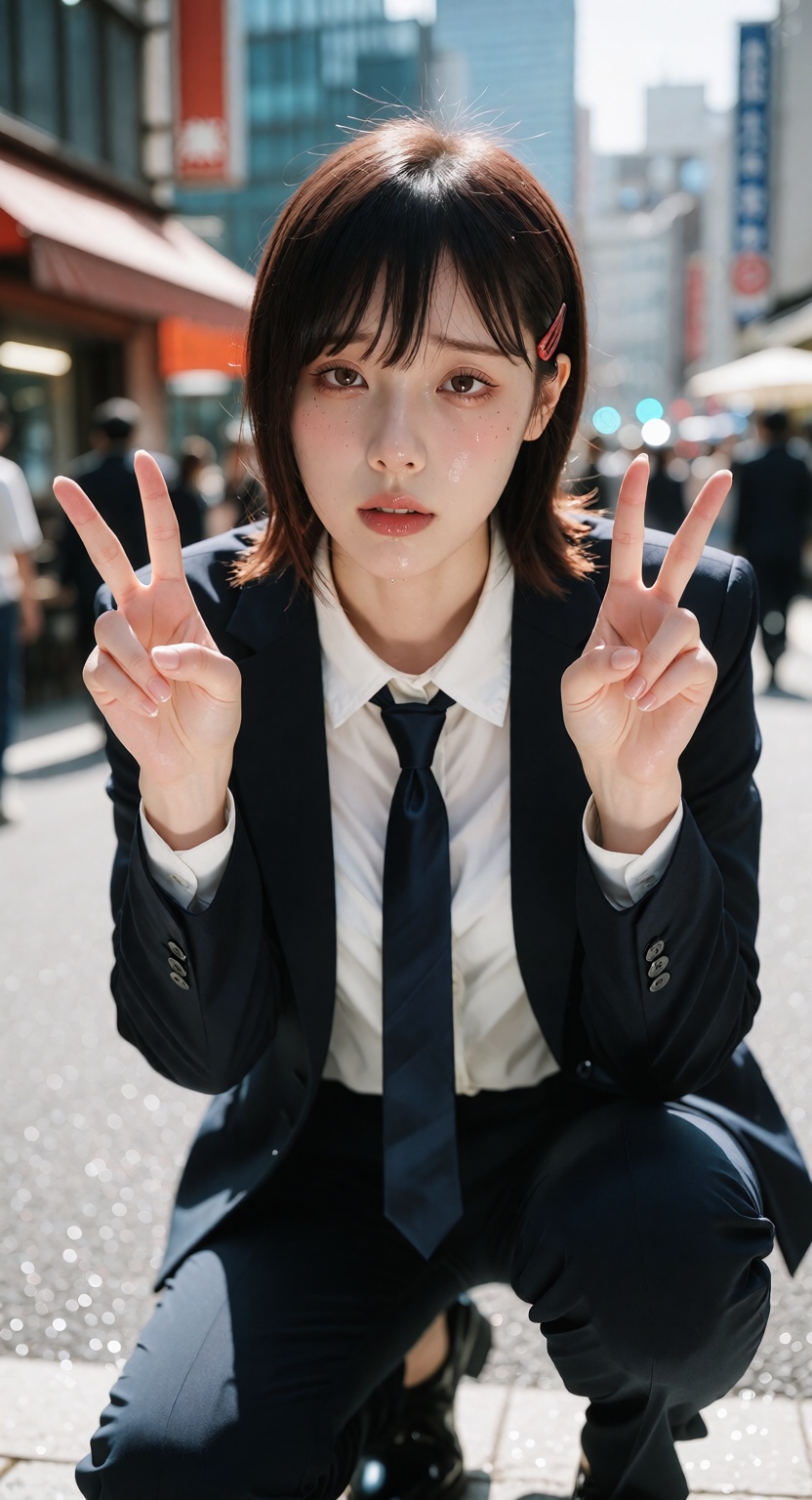Photorealistic street portrait of Kobeni Higashiyama from Chainsaw Man,  a young East Asian woman with fair white skin and...