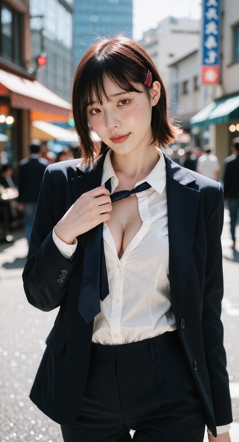 Photorealistic street portrait of Kobeni Higashiyama from Chainsaw Man,  a young East Asian woman with fair white skin and...
