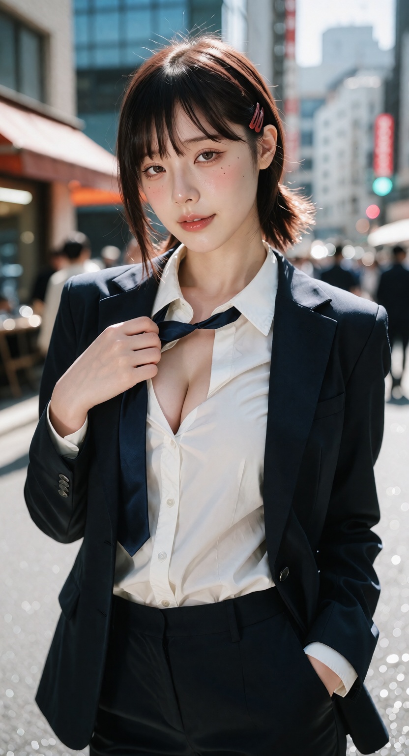 Photorealistic street portrait of Kobeni Higashiyama from Chainsaw Man,  a young East Asian woman with fair white skin and...