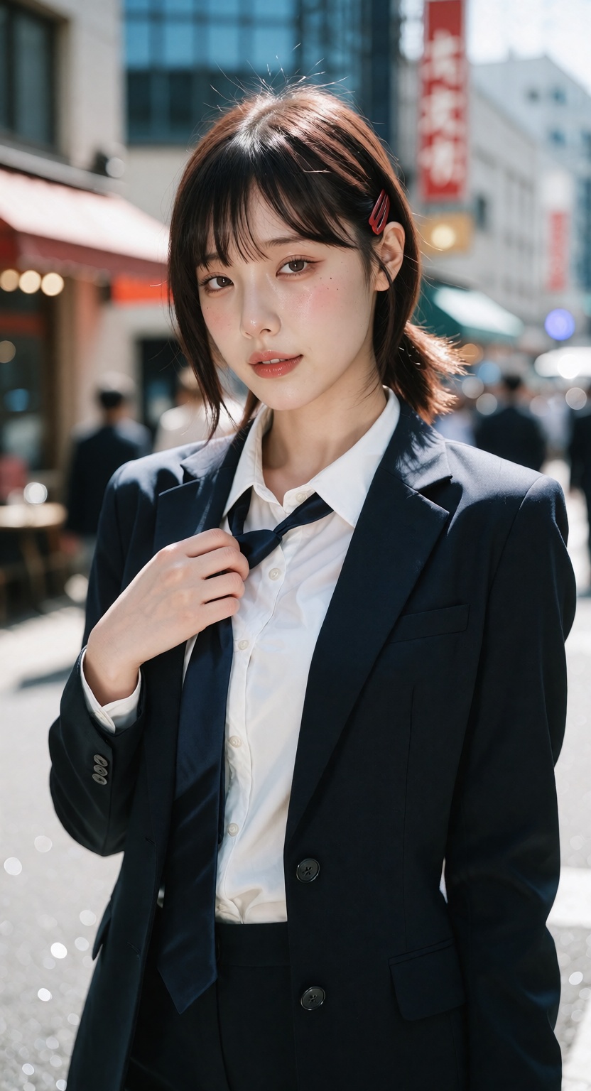 Photorealistic street portrait of Kobeni Higashiyama from Chainsaw Man,  a young East Asian woman with fair white skin and...