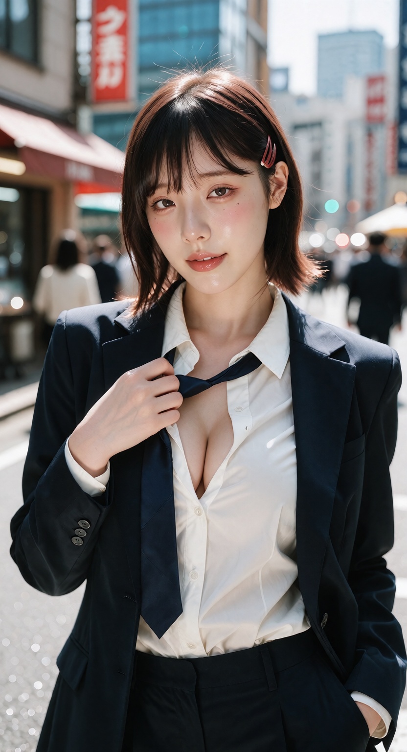 Photorealistic street portrait of Kobeni Higashiyama from Chainsaw Man,  a young East Asian woman with fair white skin and...