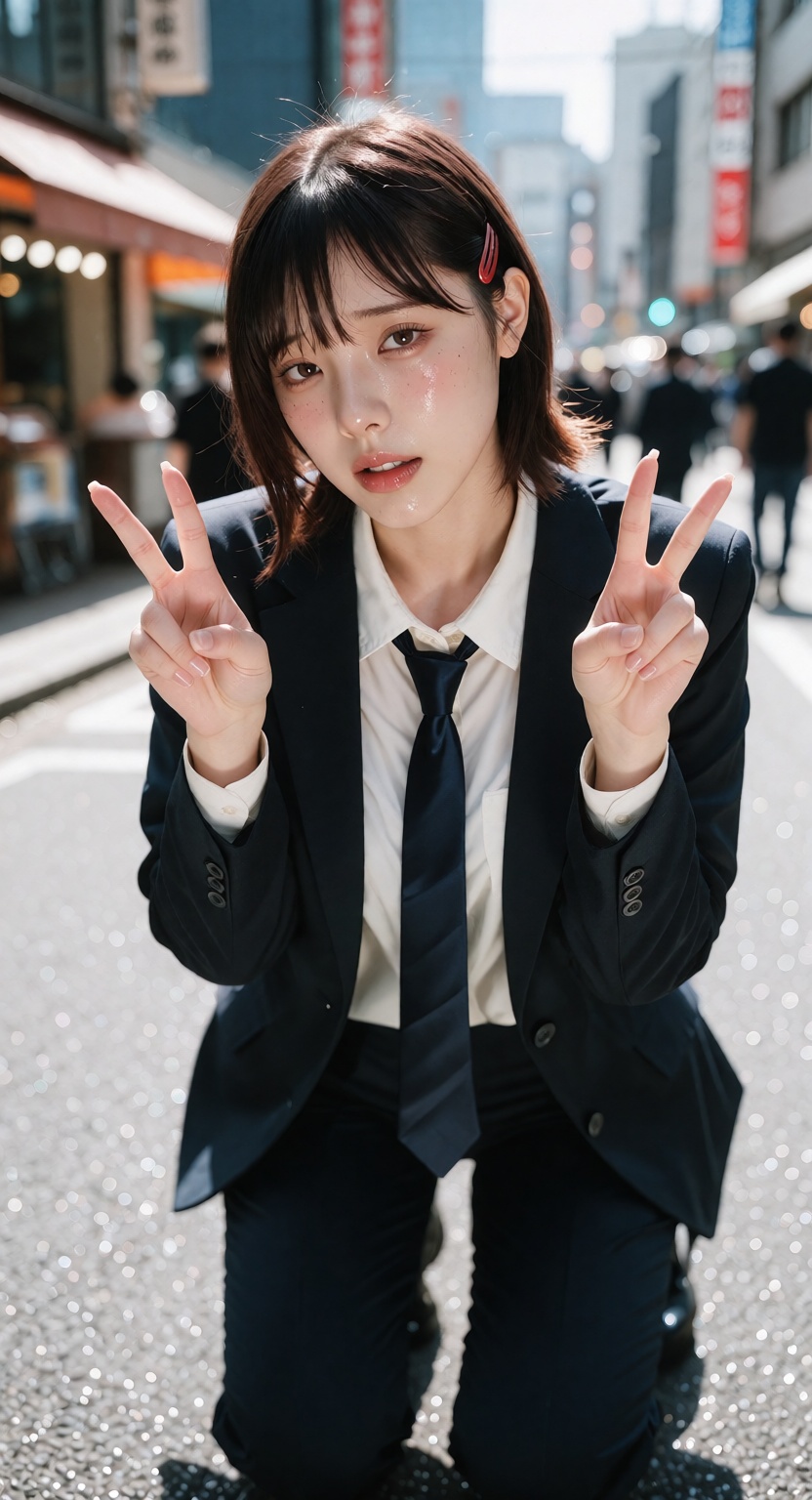 Photorealistic street portrait of Kobeni Higashiyama from Chainsaw Man,  a young East Asian woman with fair white skin and...
