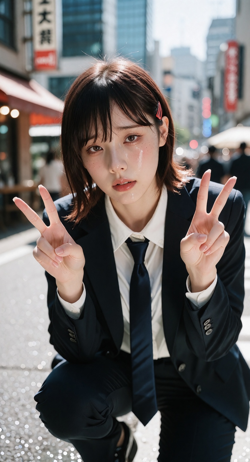 Photorealistic street portrait of Kobeni Higashiyama from Chainsaw Man,  a young East Asian woman with fair white skin and...