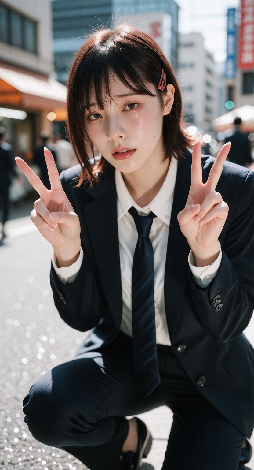 Photorealistic street portrait of Kobeni Higashiyama from Chainsaw Man,  a young East Asian woman with fair white skin and...