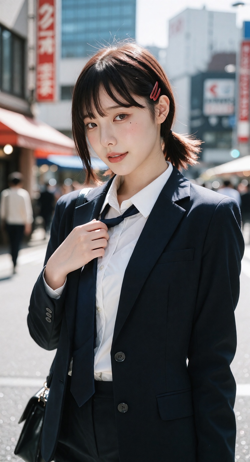 Photorealistic street portrait of Kobeni Higashiyama from Chainsaw Man,  a young East Asian woman with fair white skin and...