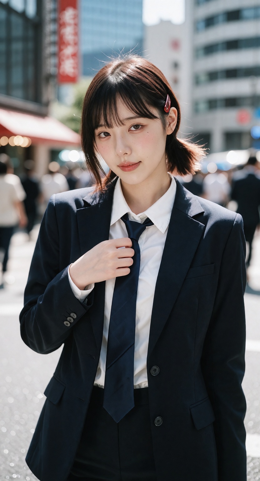 Photorealistic street portrait of Kobeni Higashiyama,  a young East Asian woman with fair white skin and pale complexion,...