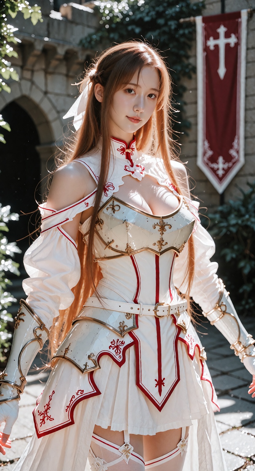 A photorealistic photograph of Yuuki Asuna standing in a medieval stone castle courtyard. She has long flowing light brown...