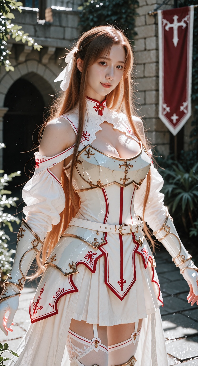 A photorealistic photograph of Yuuki Asuna standing in a medieval stone castle courtyard. She has long flowing light brown...