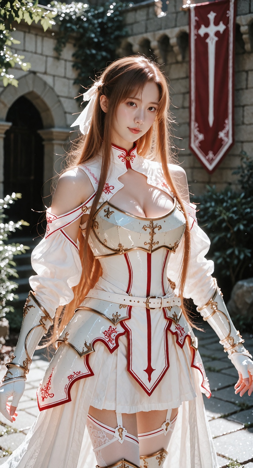 A photorealistic photograph of Yuuki Asuna standing in a medieval stone castle courtyard. She has long flowing light brown...