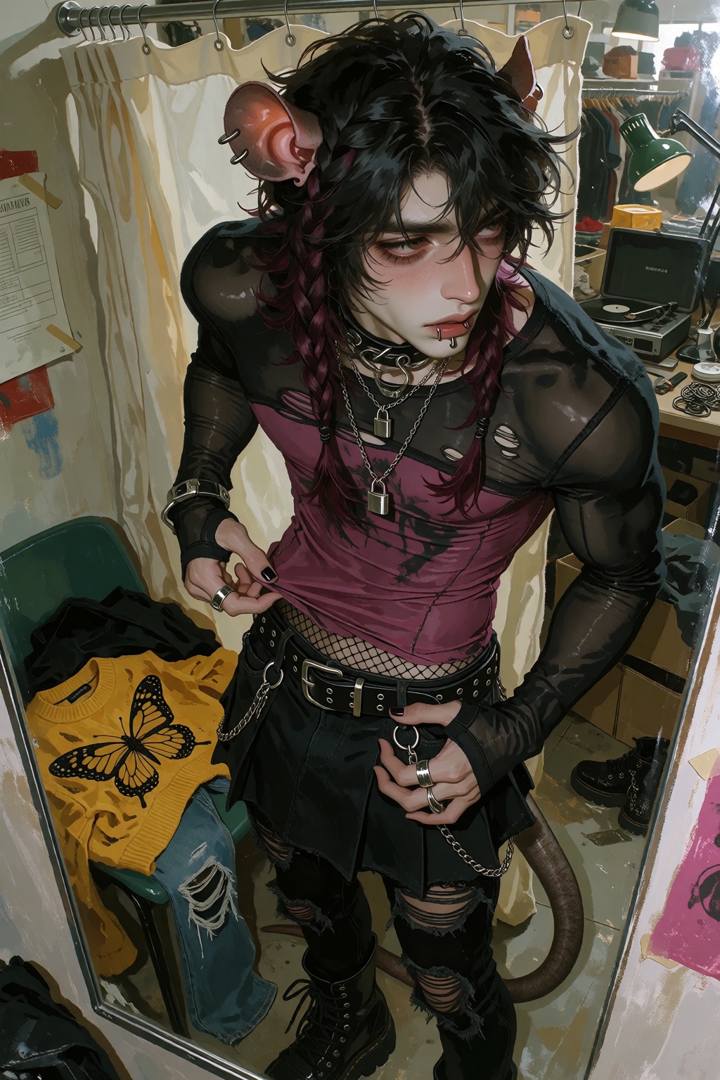Jesse Fornik,  a 22-year-old male black rat demi-human,  short and slender with pale skin on Tensor.Art