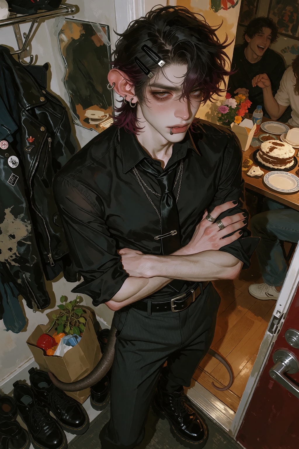 Jesse Fornik,  a 22-year-old male black rat demi-human,  short and slender with narrow shoulders on Tensor.Art