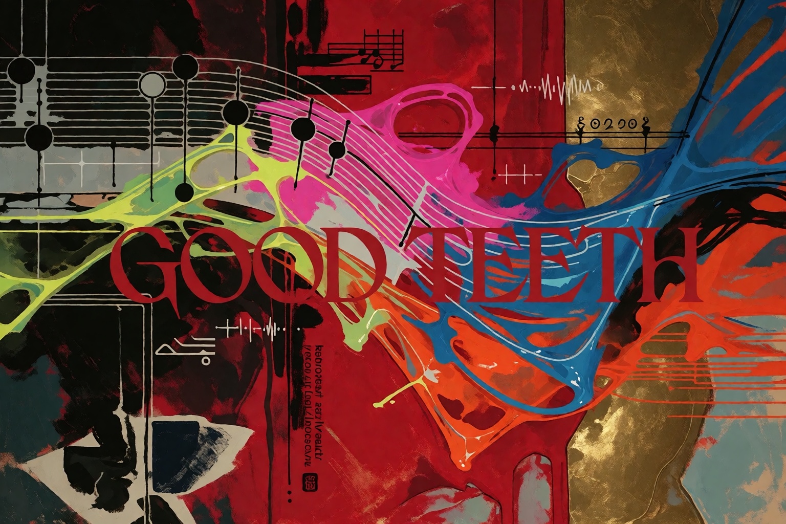 Wide horizontal experimental graphic-design artwork representing the musical identity of GOOD TEETH through five interlock...
