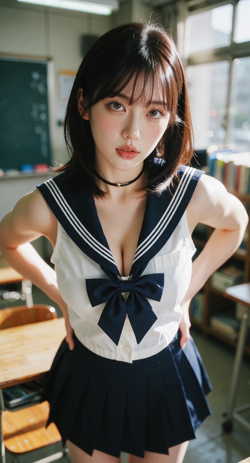 A photorealistic cinematic close shot of one ***** East Asian woman standing in a bright modern classroom,  looking at the...