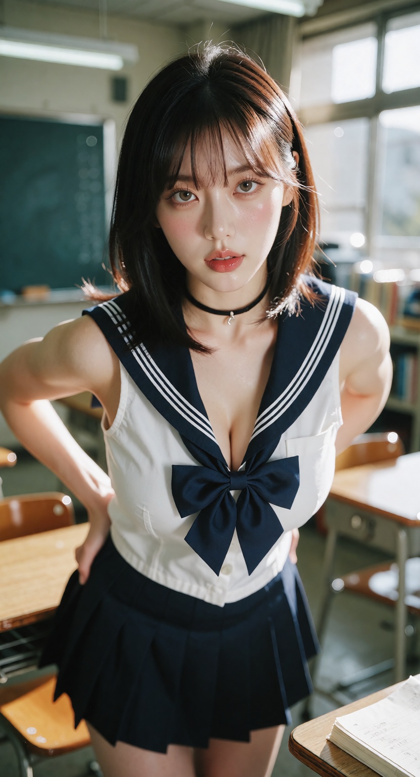 A photorealistic cinematic close shot of one ***** East Asian woman standing in a bright modern classroom,  looking at the...