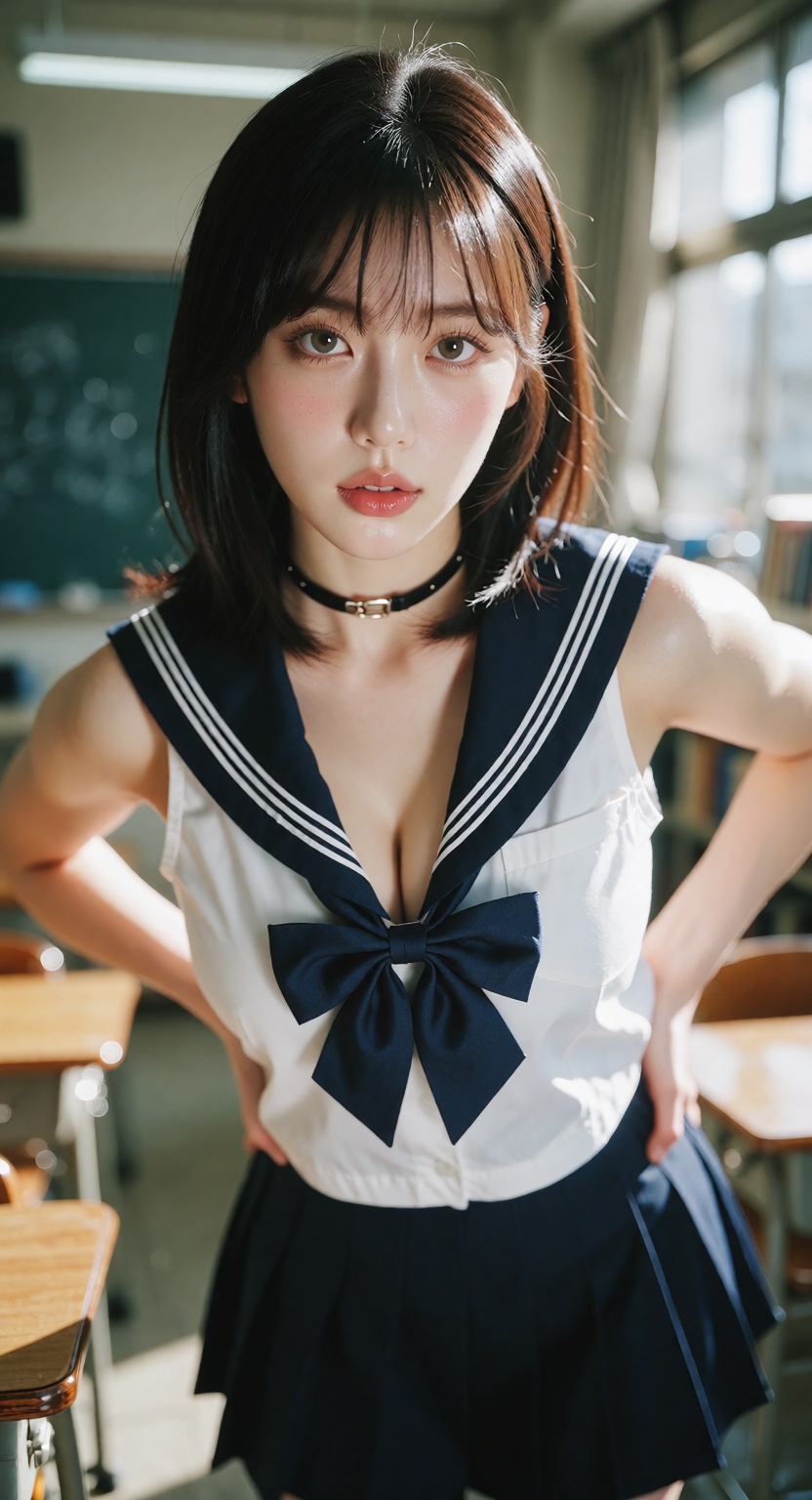 A photorealistic cinematic close shot of one ***** East Asian woman standing in a bright modern classroom,  looking at the...