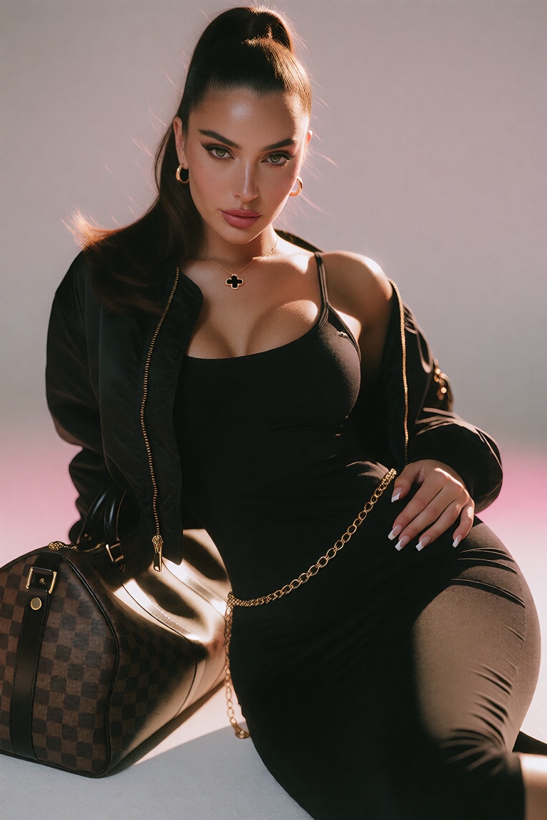 A photograph of a young woman with a light olive skin tone and dark brown hair,  styled in a sleek,  high ponytail. She ha...