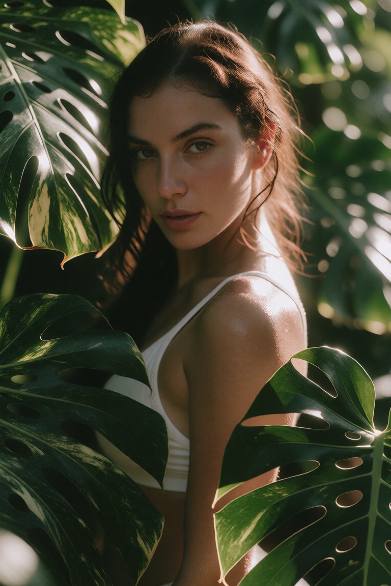 Photorealistic medium shot of a woman immersed in a thick tropical jungle,  surrounded by massive overlapping monstera del...