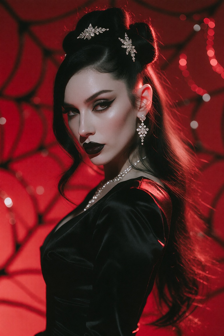 Photograph of a pale woman with long,  dark hair styled in an elaborate updo,  adorned with sparkling hair accessories. Sh...