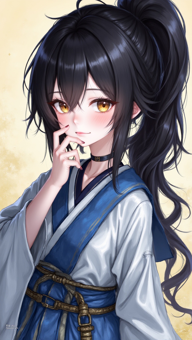 Hair: pure black vitality high double ponytail + broken bangs Eyes: amber orange Posture: Stand sideways,  with one hand o...