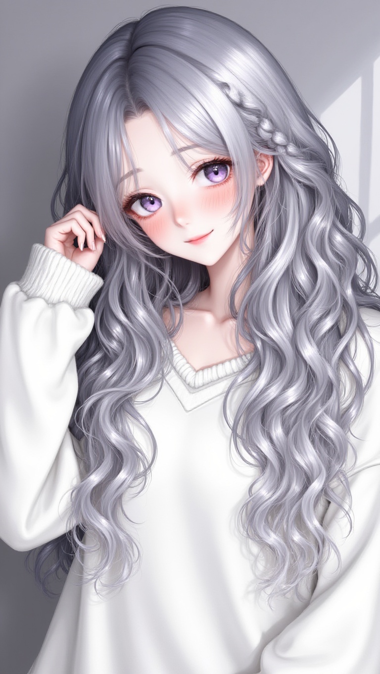 Hair: silver-gray long curly hair + side fine braided hair Eyes: lilac Posture: tilt your head and smile lightly,  and gen...