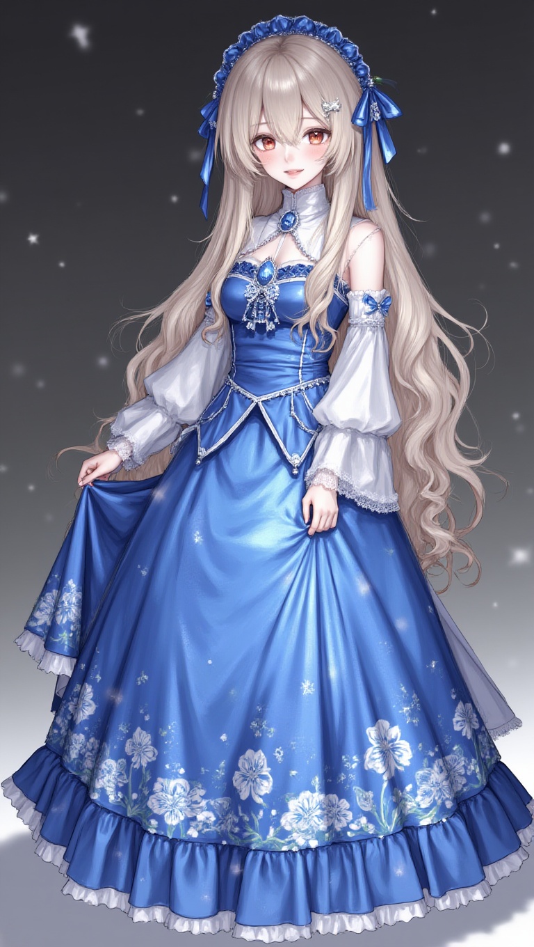 A girl,  wearing a gorgeous blue lolita-style long skirt,  wearing a lolita-style hair ornament on her head on Tensor.Art
