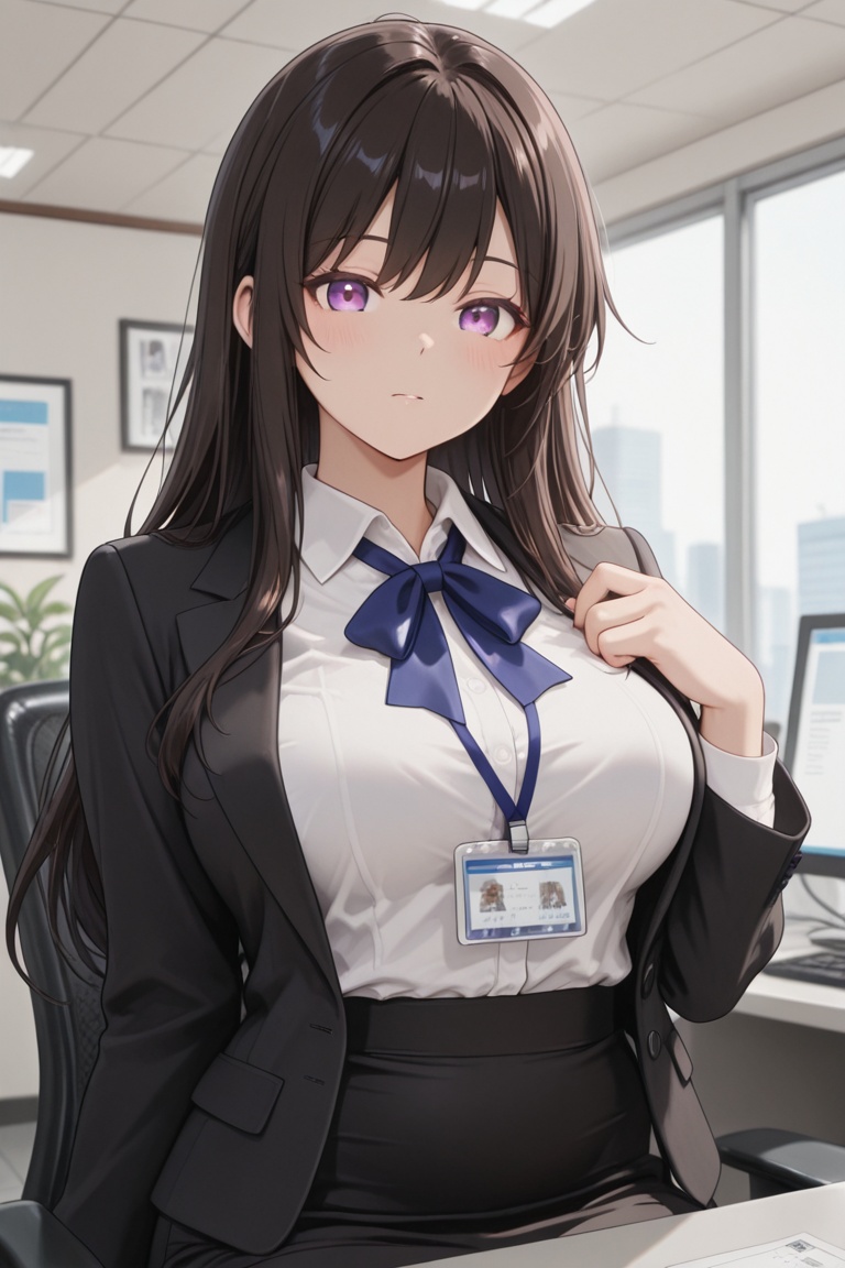 Office lady in a dark navy-black suit,  Black skirt and white shirt,  Blue neck ribbon on Tensor.Art