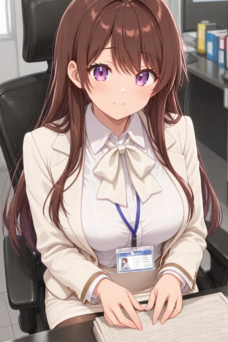 Office lady in a dark navy-black suit,  Black skirt and white shirt,  Blue neck ribbon on Tensor.Art