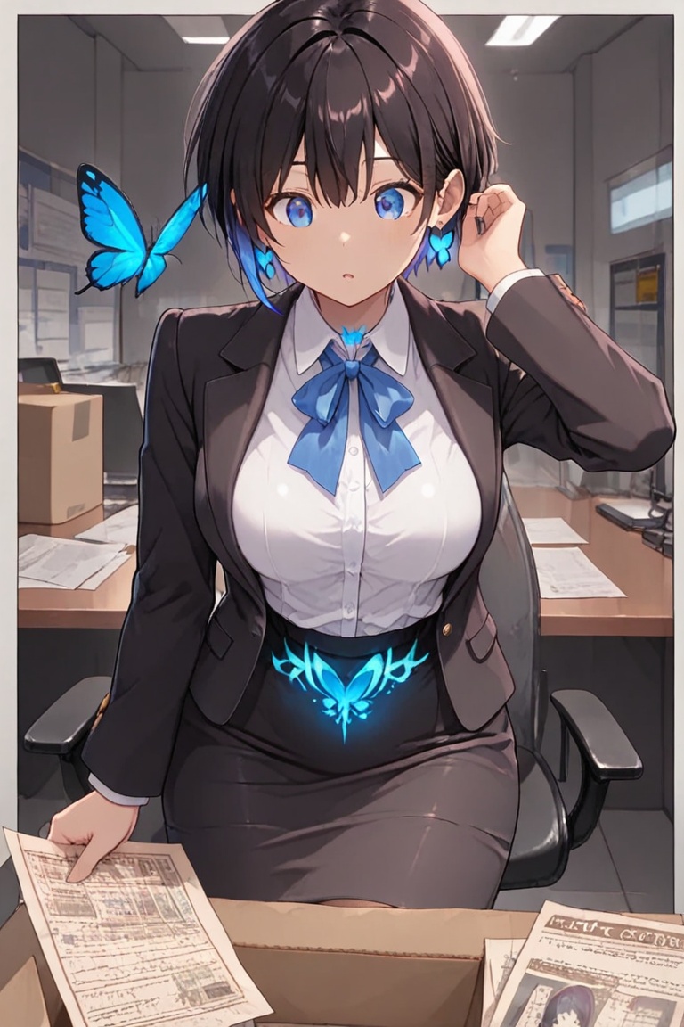 Cardboard art,  paper crafts,  Office lady in a dark navy-black suit on Tensor.Art