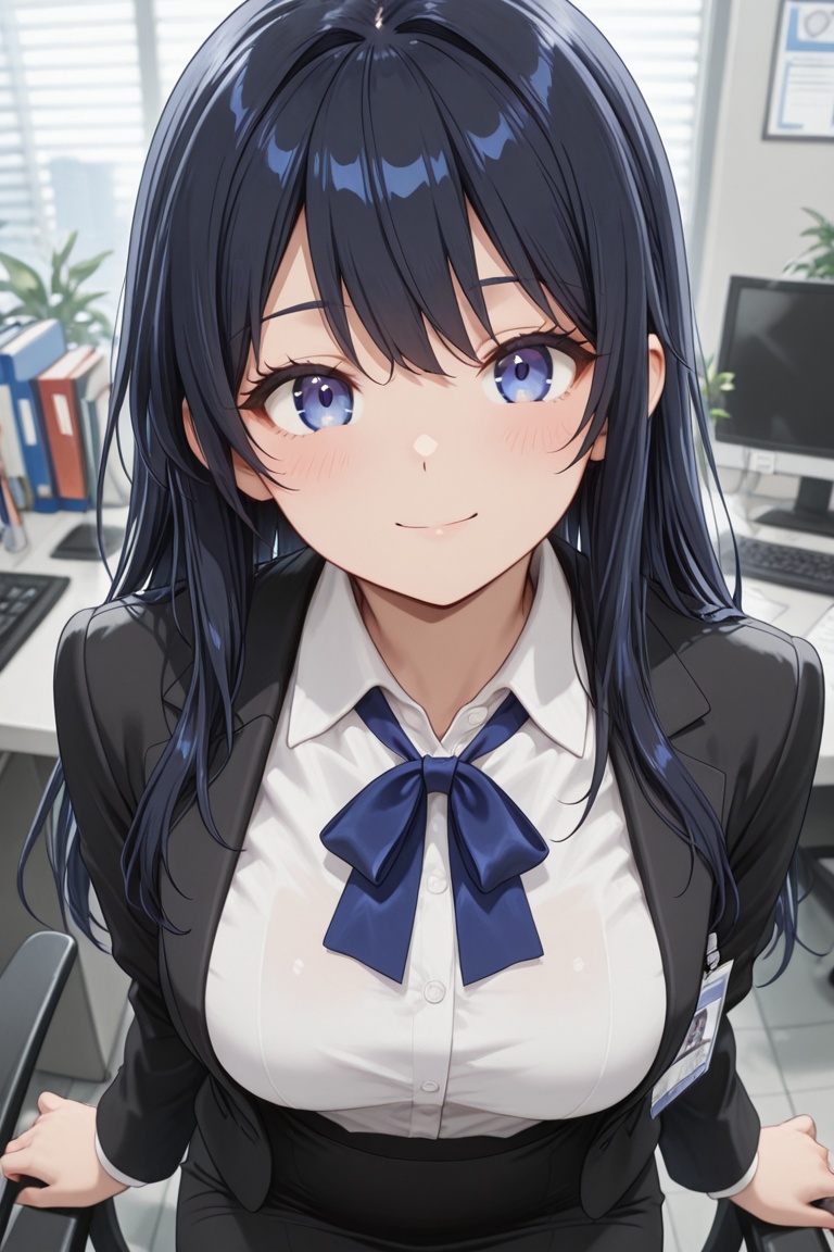 Office lady in a dark navy-black suit,  Black skirt and white shirt,  Blue neck ribbon on Tensor.Art