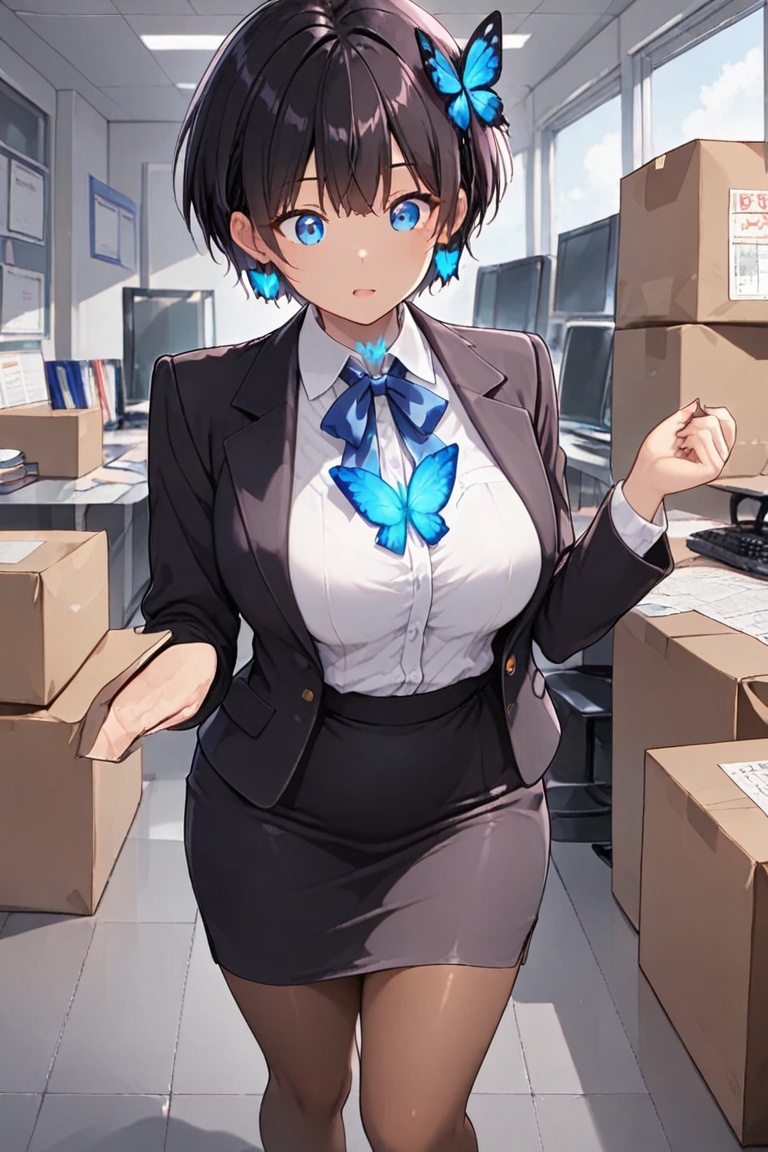 Cardboard art,  paper crafts,  Office lady in a dark navy-black suit on Tensor.Art
