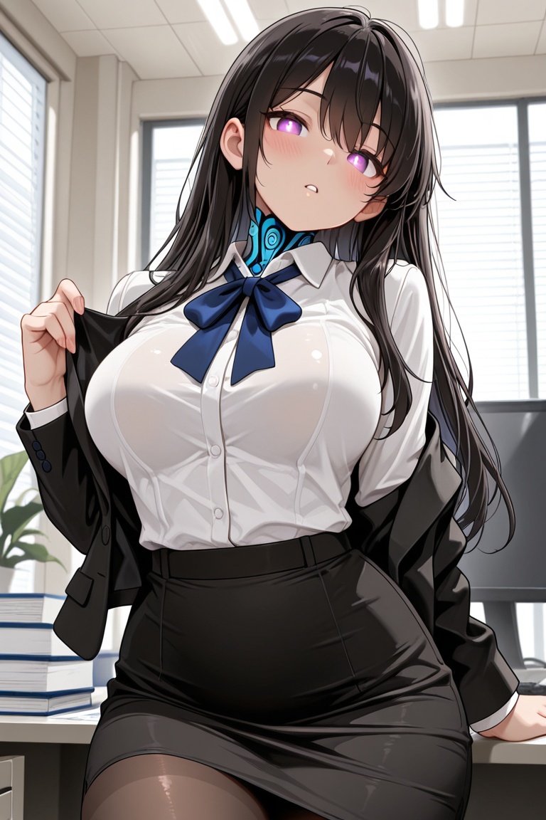 Office lady in a dark navy-black suit,  Black skirt and white shirt,  Blue neck ribbon on Tensor.Art