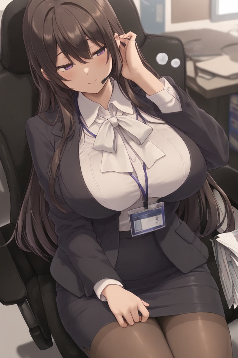 Office lady in a dark navy-black suit,  Black skirt and white shirt,  Blue neck ribbon on Tensor.Art