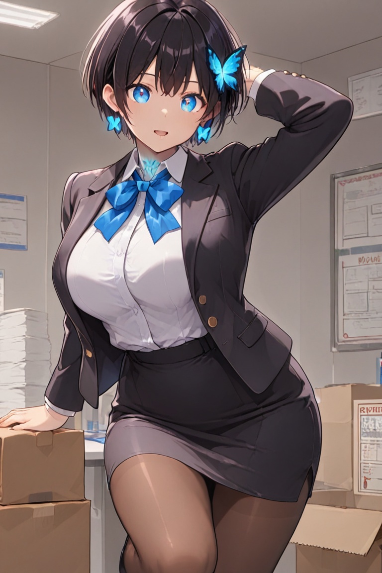 Cardboard art,  paper crafts,  Office lady in a dark navy-black suit on Tensor.Art
