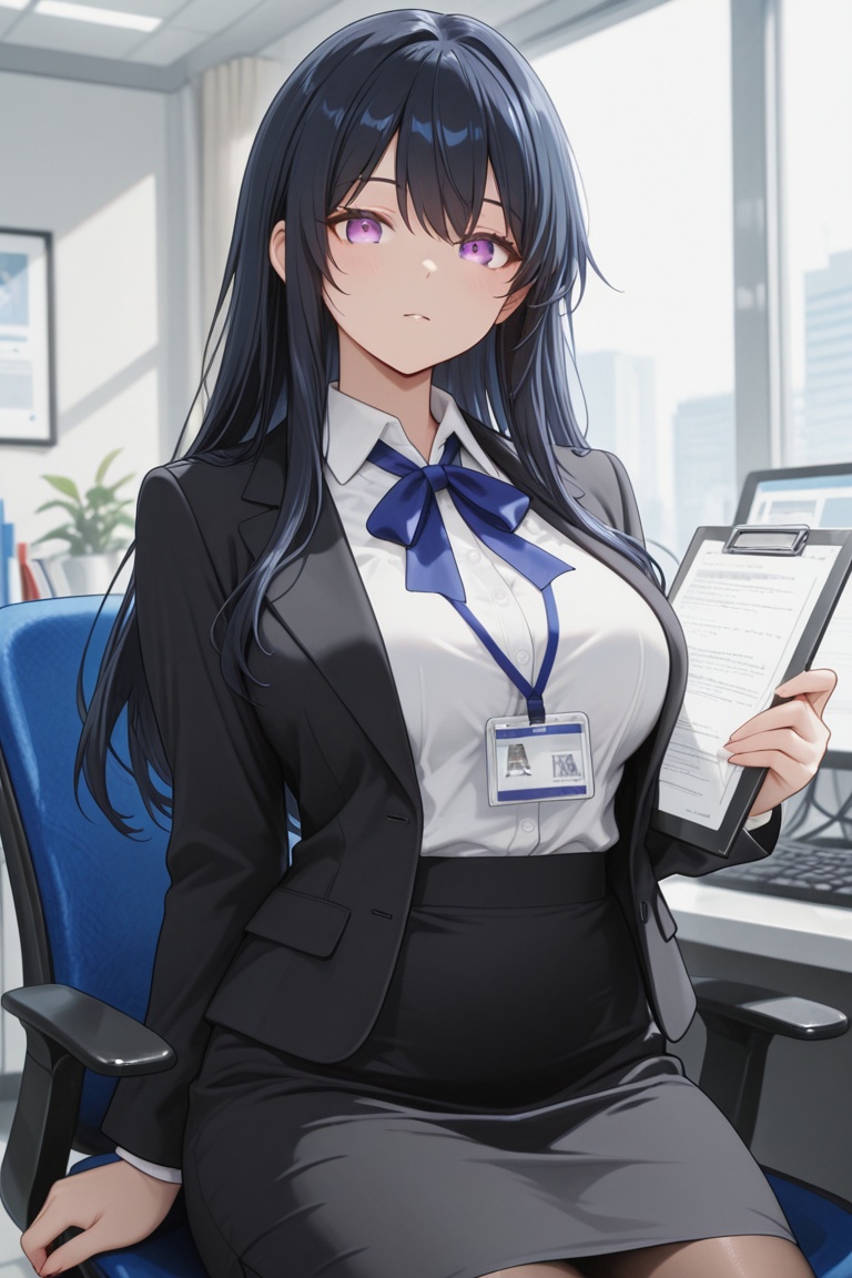 Office lady in a dark navy-black suit,  Black skirt and white shirt,  Blue neck ribbon on Tensor.Art