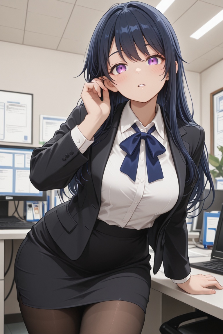 Office lady in a dark navy-black suit,  Black skirt and white shirt,  Blue neck ribbon on Tensor.Art