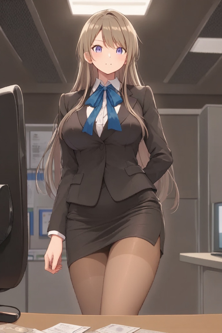 Office lady in a dark navy-black suit,  Black skirt and white shirt,  Blue neck ribbon on Tensor.Art
