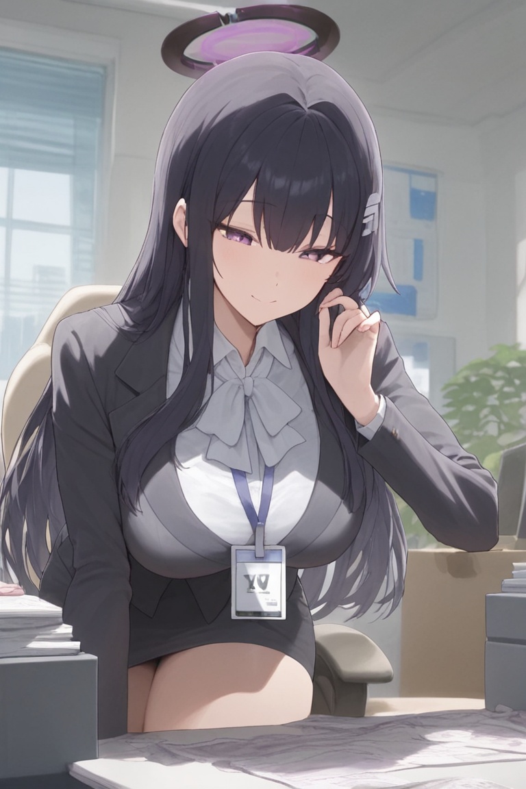 Office lady in a dark navy-black suit,  Black skirt and white shirt,  Blue neck ribbon on Tensor.Art