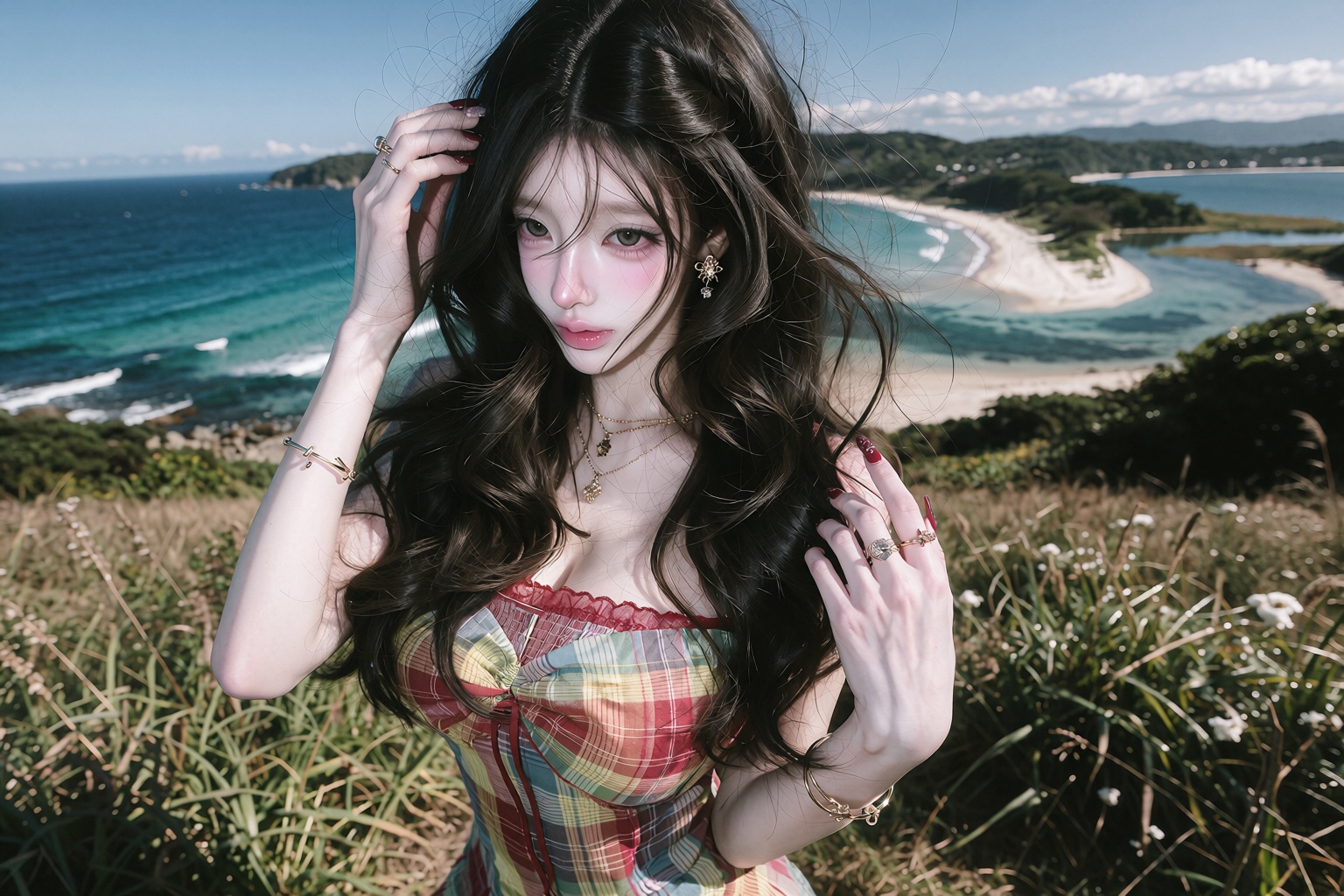 layered Korean hush cut with air bangs,  ,  round expressive eyes A highly realistic outdoor fashion photograph of a young...