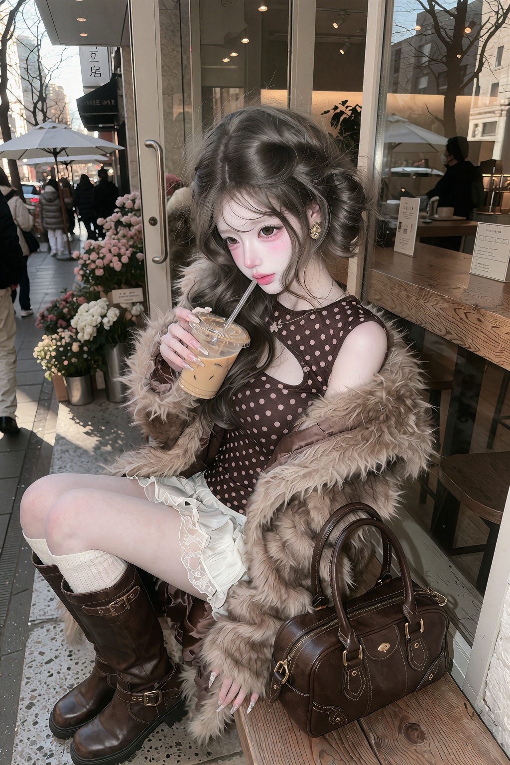 messy low bun with loose curtain bangs framing the face,  ,  sultry heavy-lidded eyes A highly photorealistic Korean stree...