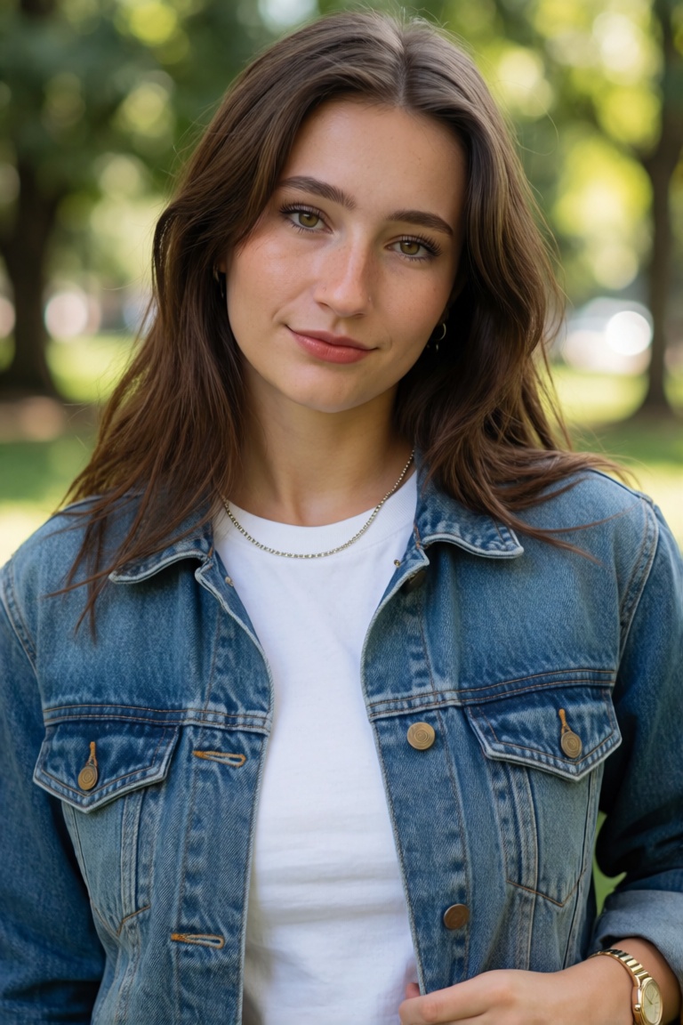 Professional editorial portrait photograph taken during an outdoor photoshoot in a park. Captured with a full-frame camera...