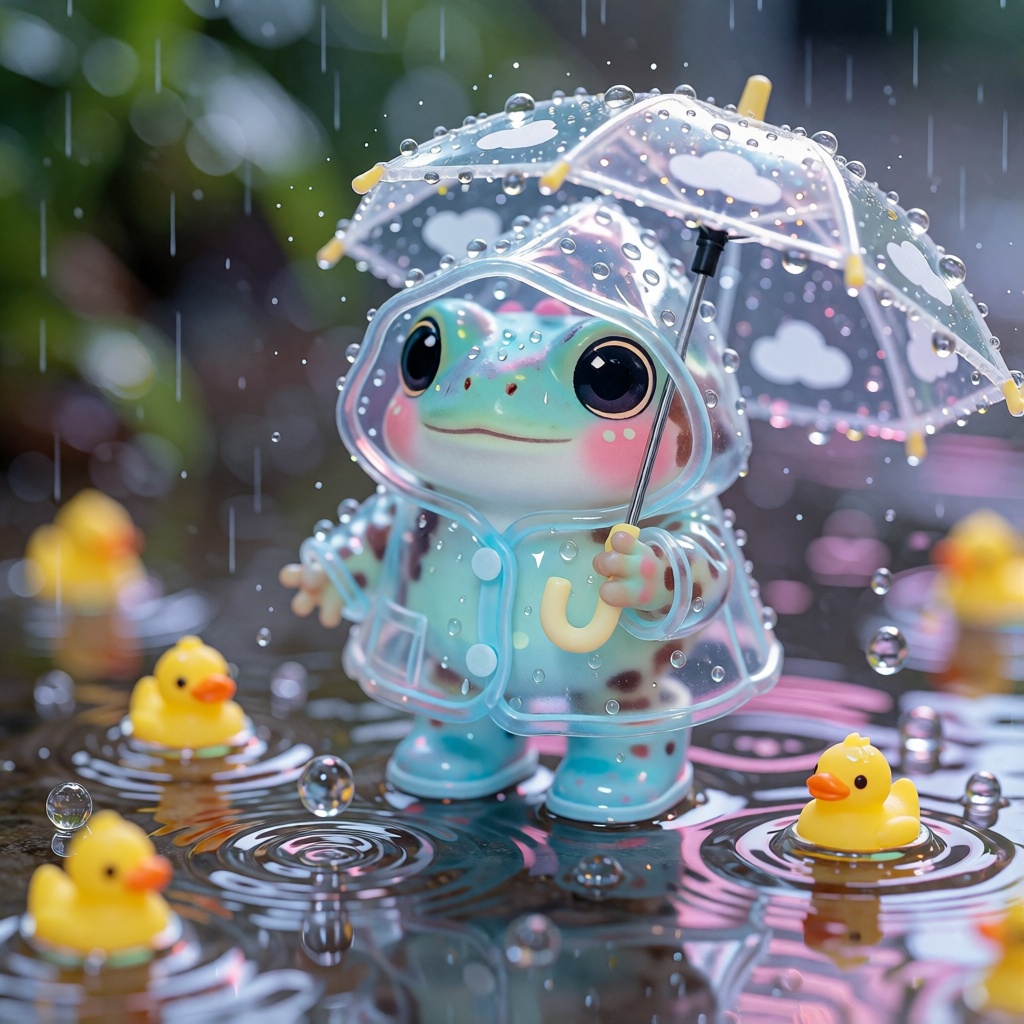 A round baby frog wearing oversized transparent rain boots and a powder-blue raincoat,  holding a tiny translucent umbrell...