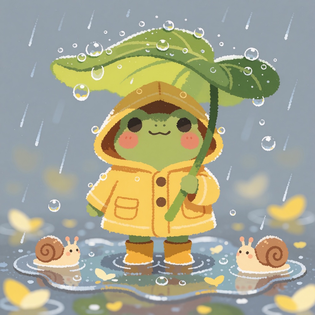 A tiny round green frog wearing an oversized butter-yellow raincoat and little matching boots,  holding a large green leaf...