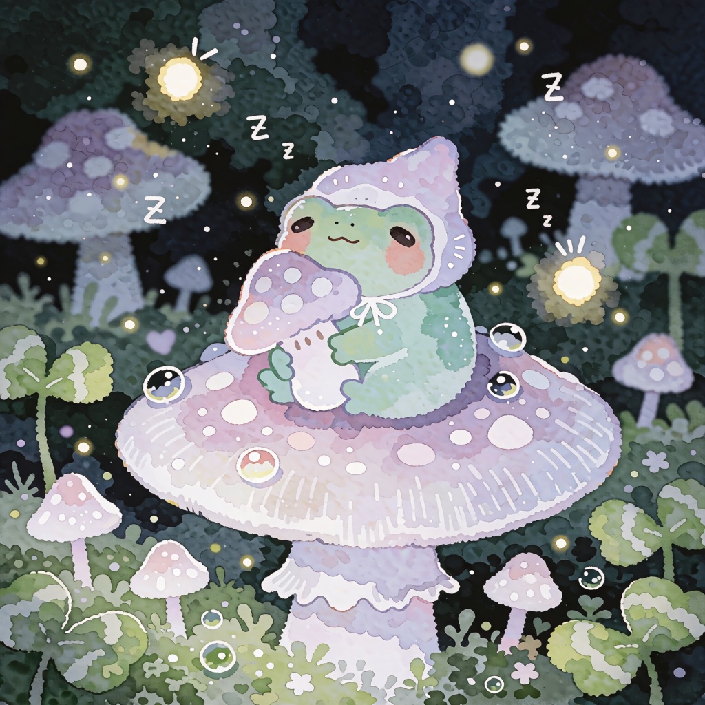 An extremely tiny mint-green frog curled up on a giant mushroom cap,  wearing a little lavender sleeping bonnet,  hugging...